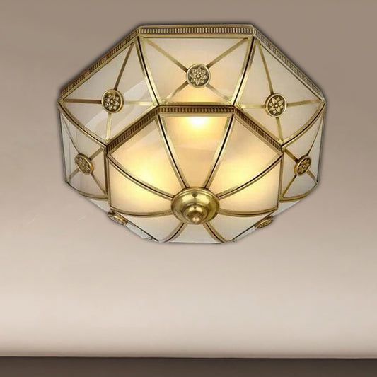Brass 3/4/6 Lights Flush Mount Traditional Curved Frosted Glass Flower Flush Ceiling Light Fixture for Bedroom 4 Brass Clearhalo 'Ceiling Lights' 'Close To Ceiling Lights' 'Close to ceiling' 'Flush mount' Lighting' 277082