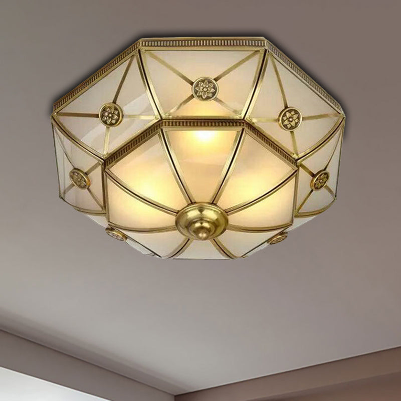 Brass 3/4/6 Lights Flush Mount Traditional Curved Frosted Glass Flower Flush Ceiling Light Fixture for Bedroom 6 Brass Clearhalo 'Ceiling Lights' 'Close To Ceiling Lights' 'Close to ceiling' 'Flush mount' Lighting' 277086
