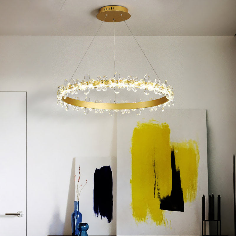 Round Chandelier Lamp Modern Crystal 19.5"/27.5" Wide LED Gold/Coffee Pendant Light Fixture in Warm/White Light Gold 19.5" White Clearhalo 'Ceiling Lights' 'Chandeliers' 'Modern Chandeliers' 'Modern' Lighting' 277147