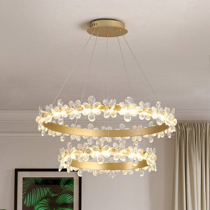 Round Chandelier Lamp Modern Crystal 19.5"/27.5" Wide LED Gold/Coffee Pendant Light Fixture in Warm/White Light Gold 27.5" Warm Clearhalo 'Ceiling Lights' 'Chandeliers' 'Modern Chandeliers' 'Modern' Lighting' 277154