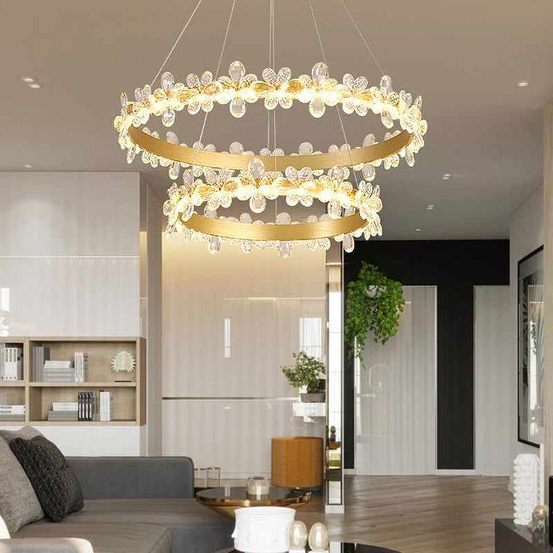 Round Chandelier Lamp Modern Crystal 19.5"/27.5" Wide LED Gold/Coffee Pendant Light Fixture in Warm/White Light Clearhalo 'Ceiling Lights' 'Chandeliers' 'Modern Chandeliers' 'Modern' Lighting' 277155