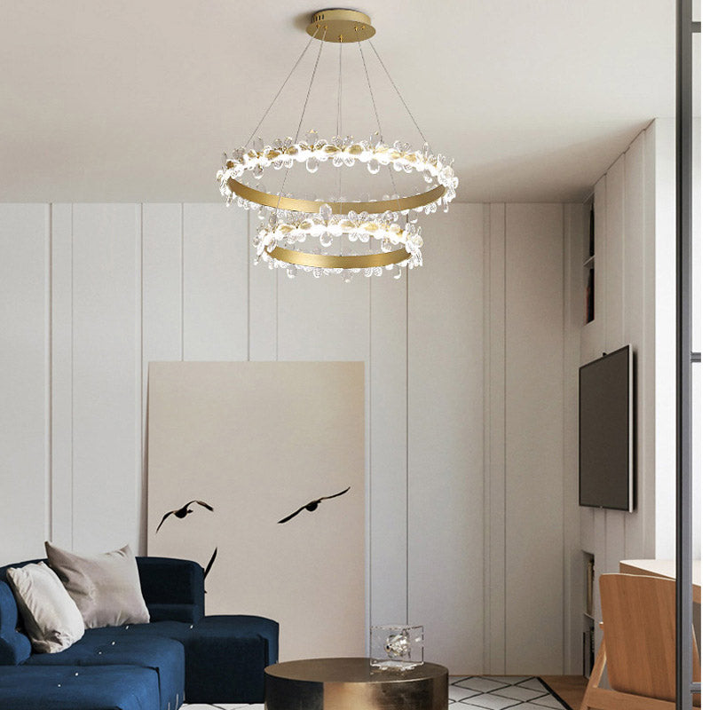 Round Chandelier Lamp Modern Crystal 19.5"/27.5" Wide LED Gold/Coffee Pendant Light Fixture in Warm/White Light Gold 27.5" White Clearhalo 'Ceiling Lights' 'Chandeliers' 'Modern Chandeliers' 'Modern' Lighting' 277157