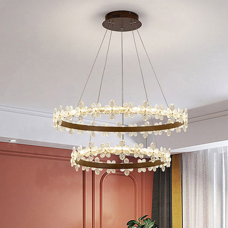 Round Chandelier Lamp Modern Crystal 19.5"/27.5" Wide LED Gold/Coffee Pendant Light Fixture in Warm/White Light Coffee 27.5" Warm Clearhalo 'Ceiling Lights' 'Chandeliers' 'Modern Chandeliers' 'Modern' Lighting' 277161