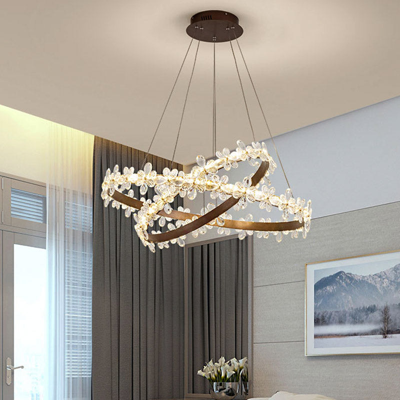 Round Chandelier Lamp Modern Crystal 19.5"/27.5" Wide LED Gold/Coffee Pendant Light Fixture in Warm/White Light Coffee 27.5" White Clearhalo 'Ceiling Lights' 'Chandeliers' 'Modern Chandeliers' 'Modern' Lighting' 277162