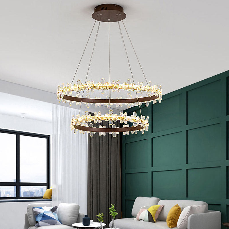 Round Chandelier Lamp Modern Crystal 19.5"/27.5" Wide LED Gold/Coffee Pendant Light Fixture in Warm/White Light Clearhalo 'Ceiling Lights' 'Chandeliers' 'Modern Chandeliers' 'Modern' Lighting' 277163