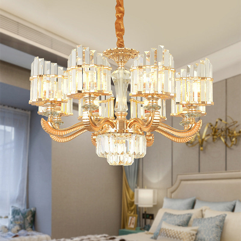 Radial Chandelier Light Modern Crystal 6/8 Bulbs 23.5"/27" Wide Gold Suspended Lighting Fixture with Curved Metal Arm Gold Clearhalo 'Ceiling Lights' 'Chandeliers' 'Modern Chandeliers' 'Modern' Lighting' 277179