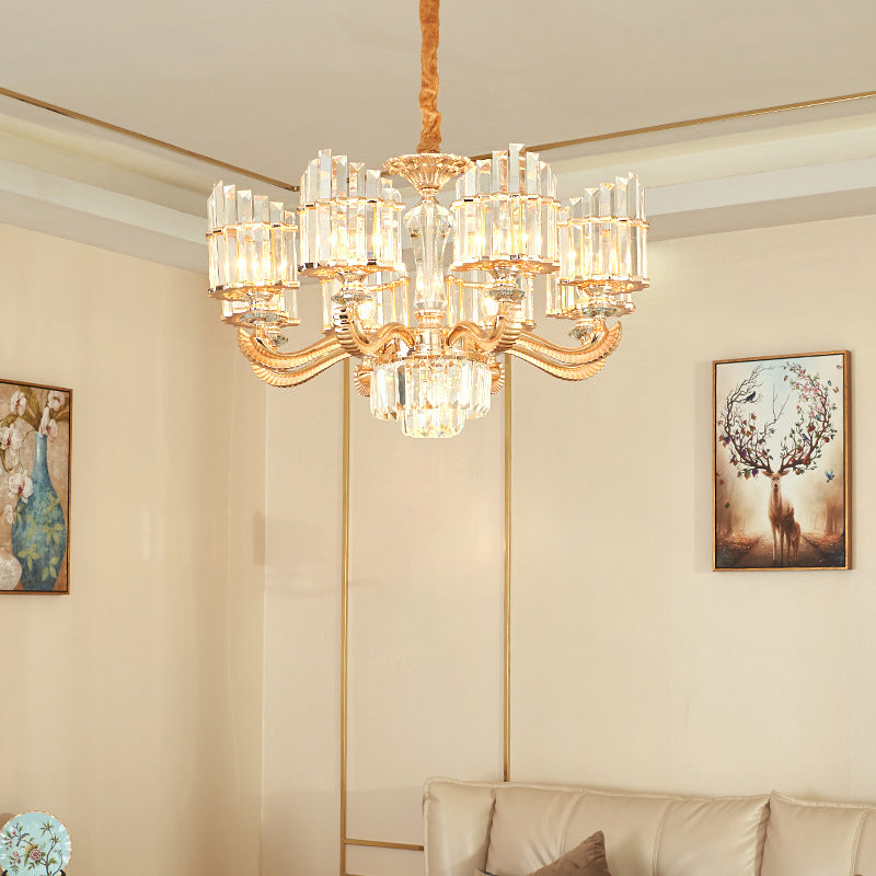 Radial Chandelier Light Modern Crystal 6/8 Bulbs 23.5"/27" Wide Gold Suspended Lighting Fixture with Curved Metal Arm Clearhalo 'Ceiling Lights' 'Chandeliers' 'Modern Chandeliers' 'Modern' Lighting' 277181