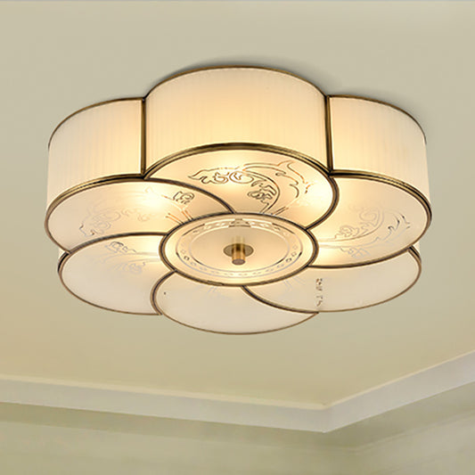 3/4 Lights Floral Flush Mount Lamp Traditional Brass Curved Frosted Glass Ceiling Mounted Fixture for Bedroom Clearhalo 'Ceiling Lights' 'Close To Ceiling Lights' 'Close to ceiling' 'Flush mount' Lighting' 277187