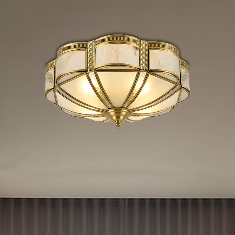 Brass Domed Flush Mount Fixture Classic Curved Frosted Glass Panel 3/4/6 Lights Bedroom Flush Light 3 Brass Clearhalo 'Ceiling Lights' 'Close To Ceiling Lights' 'Close to ceiling' 'Flush mount' Lighting' 277196