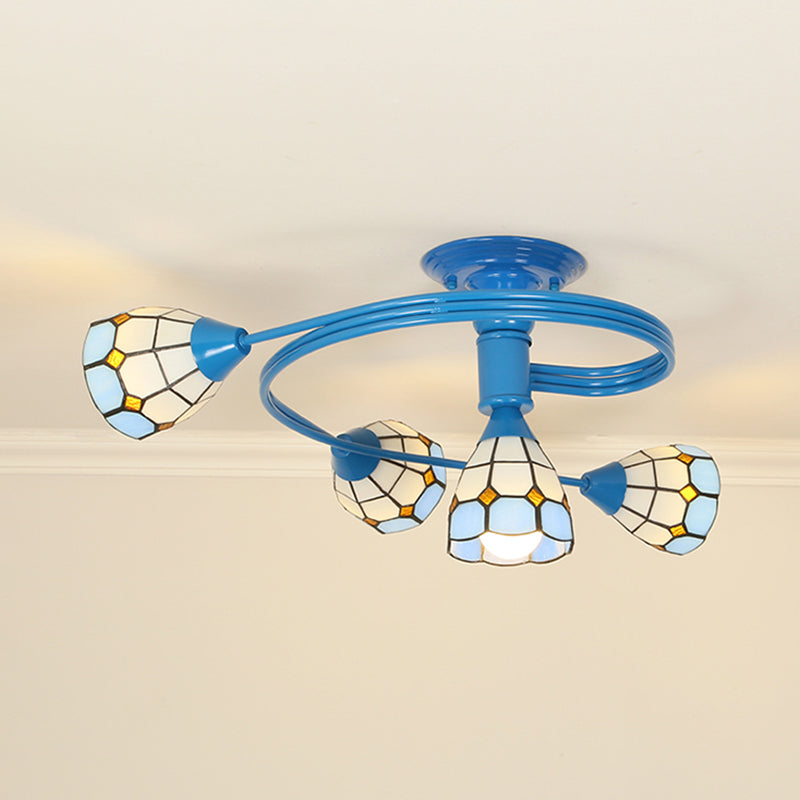 Blue Bowl Flush Ceiling Light Mediterranean Stained Glass 4/6 Lights Flushmount for Bedroom 4 Blue Clearhalo 'Ceiling Lights' 'Chandeliers' 'Close To Ceiling Lights' 'Close to ceiling' 'Glass shade' 'Glass' 'Pendant Lights' 'Semi-flushmount' 'Tiffany close to ceiling' 'Tiffany' Lighting' 27721