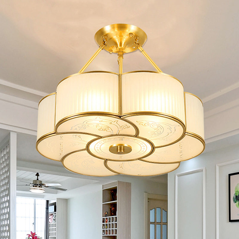 4/6 Lights Flower Semi-Flush Ceiling Light Traditional Brass Metal Lighting Fixture with White Curved Glass Shade, 18"/23.5" W Clearhalo 'Ceiling Lights' 'Close To Ceiling Lights' 'Close to ceiling' 'Semi-flushmount' Lighting' 277210