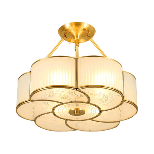 4/6 Lights Flower Semi-Flush Ceiling Light Traditional Brass Metal Lighting Fixture with White Curved Glass Shade, 18"/23.5" W Clearhalo 'Ceiling Lights' 'Close To Ceiling Lights' 'Close to ceiling' 'Semi-flushmount' Lighting' 277212