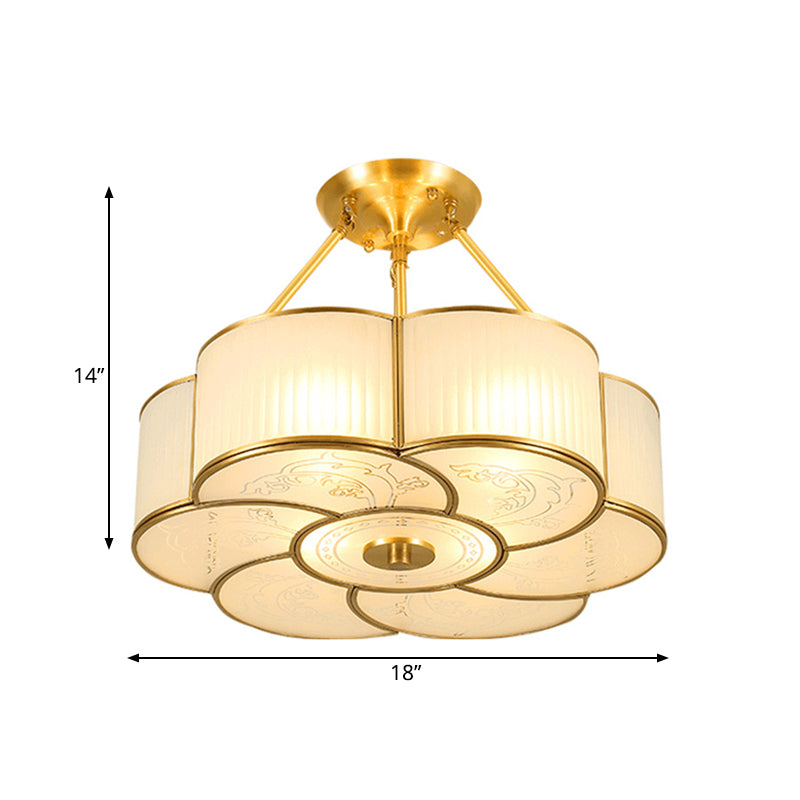 4/6 Lights Flower Semi-Flush Ceiling Light Traditional Brass Metal Lighting Fixture with White Curved Glass Shade, 18"/23.5" W Clearhalo 'Ceiling Lights' 'Close To Ceiling Lights' 'Close to ceiling' 'Semi-flushmount' Lighting' 277213