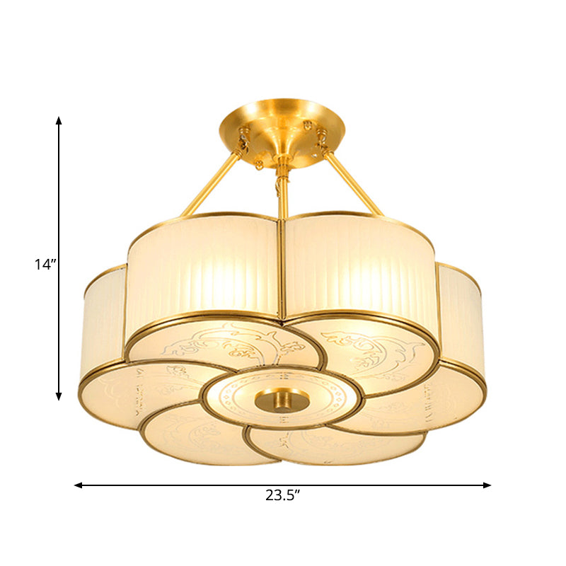 4/6 Lights Flower Semi-Flush Ceiling Light Traditional Brass Metal Lighting Fixture with White Curved Glass Shade, 18"/23.5" W Clearhalo 'Ceiling Lights' 'Close To Ceiling Lights' 'Close to ceiling' 'Semi-flushmount' Lighting' 277214