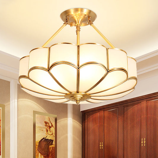 Scalloped Bedroom Semi Flush Light Traditionalism Metal 4/6 Bulbs Brass Ceiling Fixture, 18"/23.5" W Clearhalo 'Ceiling Lights' 'Close To Ceiling Lights' 'Close to ceiling' 'Semi-flushmount' Lighting' 277232