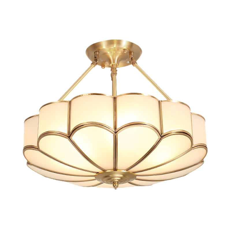 Scalloped Bedroom Semi Flush Light Traditionalism Metal 4/6 Bulbs Brass Ceiling Fixture, 18"/23.5" W Clearhalo 'Ceiling Lights' 'Close To Ceiling Lights' 'Close to ceiling' 'Semi-flushmount' Lighting' 277234