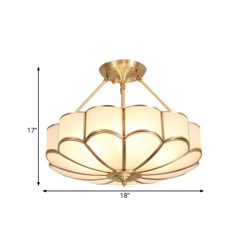 Scalloped Bedroom Semi Flush Light Traditionalism Metal 4/6 Bulbs Brass Ceiling Fixture, 18"/23.5" W Clearhalo 'Ceiling Lights' 'Close To Ceiling Lights' 'Close to ceiling' 'Semi-flushmount' Lighting' 277235