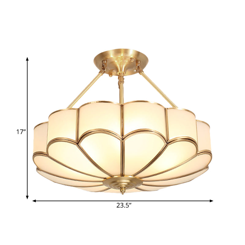 Scalloped Bedroom Semi Flush Light Traditionalism Metal 4/6 Bulbs Brass Ceiling Fixture, 18"/23.5" W Clearhalo 'Ceiling Lights' 'Close To Ceiling Lights' 'Close to ceiling' 'Semi-flushmount' Lighting' 277236