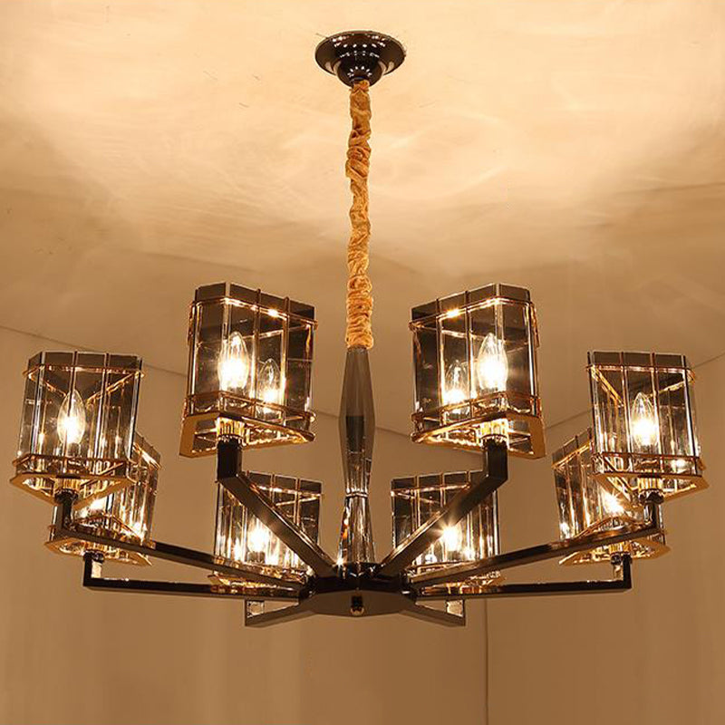 Triangle Hanging Chandelier Modernism Crystal 28"/35.5" Wide 6/8 Heads Black Pendant Light Fixture with Metal Arm Clearhalo 'Ceiling Lights' 'Chandeliers' 'Modern Chandeliers' 'Modern' Lighting' 277239