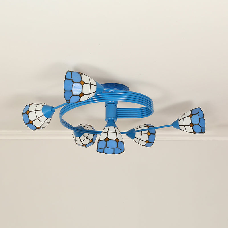 Blue Bowl Flush Ceiling Light Mediterranean Stained Glass 4/6 Lights Flushmount for Bedroom Clearhalo 'Ceiling Lights' 'Chandeliers' 'Close To Ceiling Lights' 'Close to ceiling' 'Glass shade' 'Glass' 'Pendant Lights' 'Semi-flushmount' 'Tiffany close to ceiling' 'Tiffany' Lighting' 27724