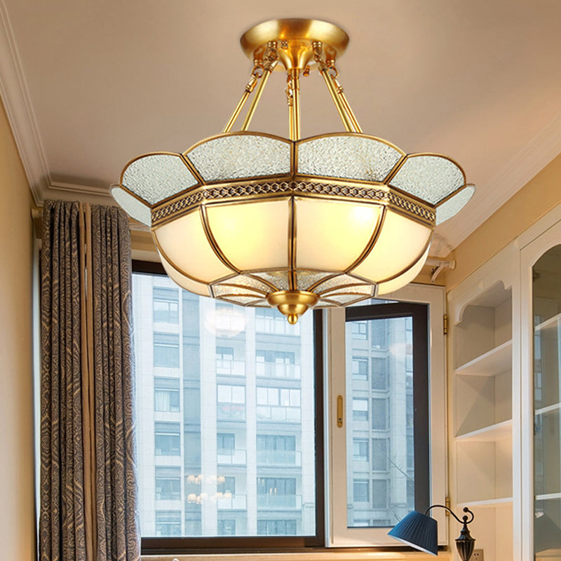 Traditional Scalloped Semi-Flush Light Fixture 4/6 Bulbs Metal Ceiling Mount in Brass for Bedroom, 18"/23.5" W Brass 18" Clearhalo 'Ceiling Lights' 'Close To Ceiling Lights' 'Close to ceiling' 'Semi-flushmount' Lighting' 277246