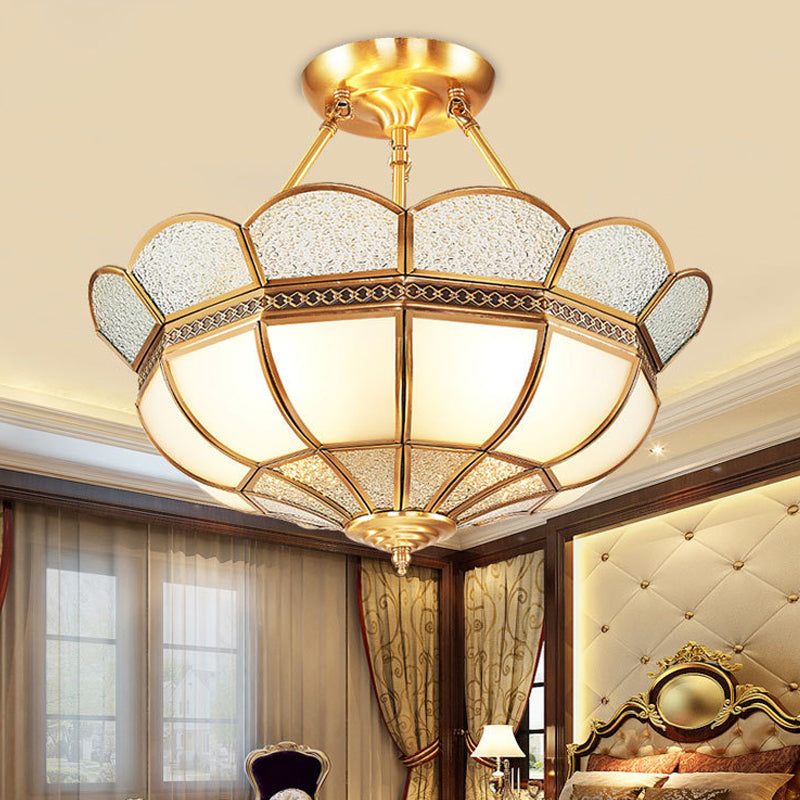 Traditional Scalloped Semi-Flush Light Fixture 4/6 Bulbs Metal Ceiling Mount in Brass for Bedroom, 18"/23.5" W Brass 23.5" Clearhalo 'Ceiling Lights' 'Close To Ceiling Lights' 'Close to ceiling' 'Semi-flushmount' Lighting' 277251