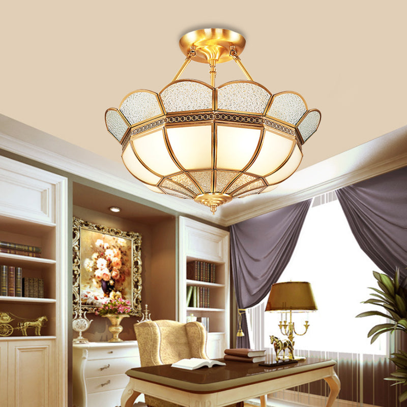 Traditional Scalloped Semi-Flush Light Fixture 4/6 Bulbs Metal Ceiling Mount in Brass for Bedroom, 18"/23.5" W Clearhalo 'Ceiling Lights' 'Close To Ceiling Lights' 'Close to ceiling' 'Semi-flushmount' Lighting' 277253