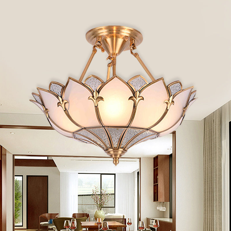 4/6/8 Heads Metal Semi Flush Light Traditionalist Brass Lotus Living Room Ceiling Mount Chandelier, 18"/25"/31.5" W Brass 18" Clearhalo 'Ceiling Lights' 'Close To Ceiling Lights' 'Close to ceiling' 'Semi-flushmount' Lighting' 277264