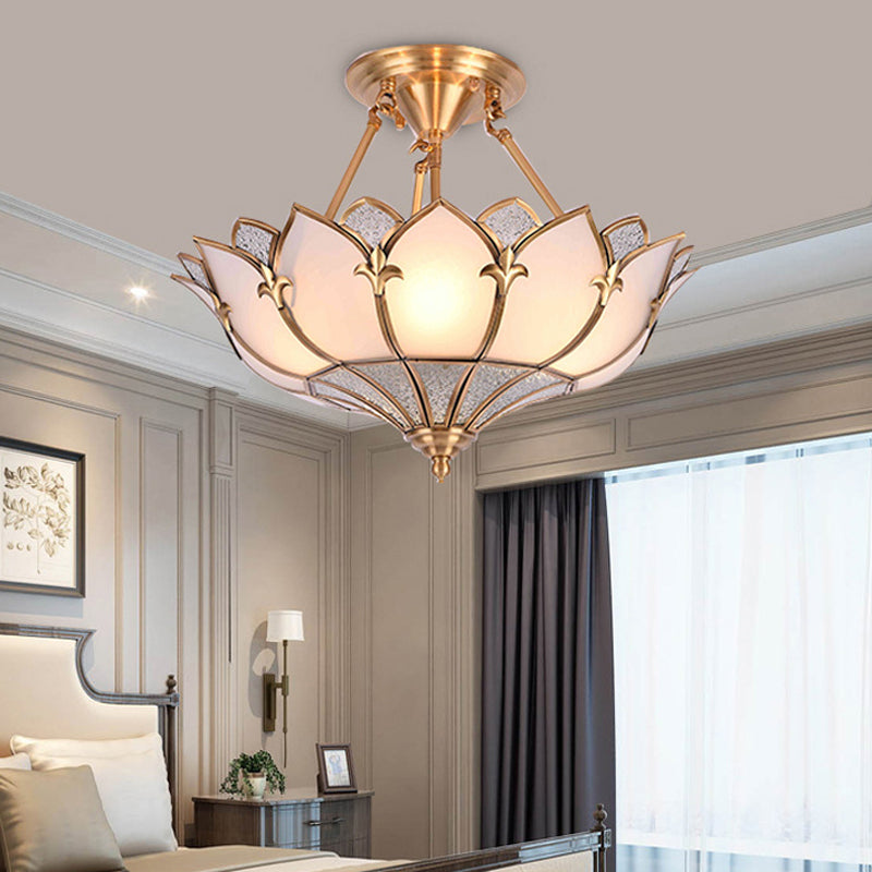 4/6/8 Heads Metal Semi Flush Light Traditionalist Brass Lotus Living Room Ceiling Mount Chandelier, 18"/25"/31.5" W Clearhalo 'Ceiling Lights' 'Close To Ceiling Lights' 'Close to ceiling' 'Semi-flushmount' Lighting' 277265