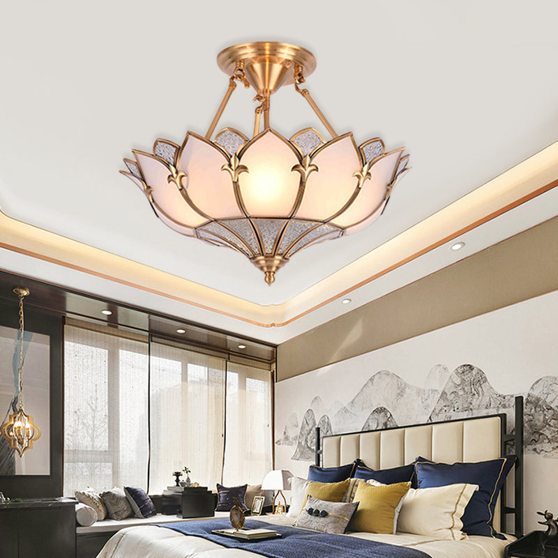 4/6/8 Heads Metal Semi Flush Light Traditionalist Brass Lotus Living Room Ceiling Mount Chandelier, 18"/25"/31.5" W Clearhalo 'Ceiling Lights' 'Close To Ceiling Lights' 'Close to ceiling' 'Semi-flushmount' Lighting' 277266