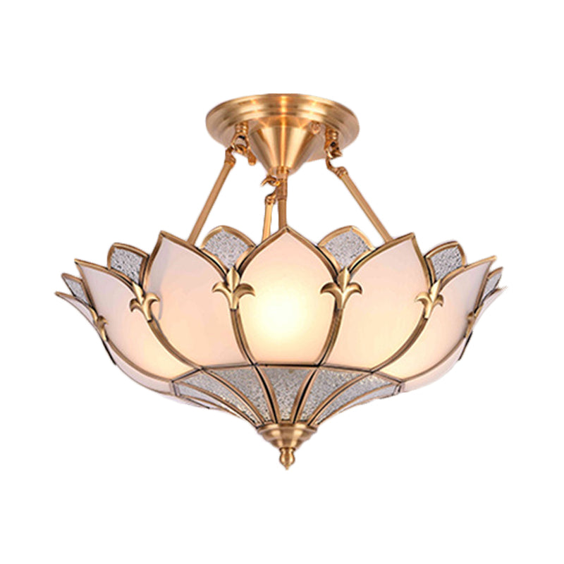 4/6/8 Heads Metal Semi Flush Light Traditionalist Brass Lotus Living Room Ceiling Mount Chandelier, 18"/25"/31.5" W Clearhalo 'Ceiling Lights' 'Close To Ceiling Lights' 'Close to ceiling' 'Semi-flushmount' Lighting' 277267