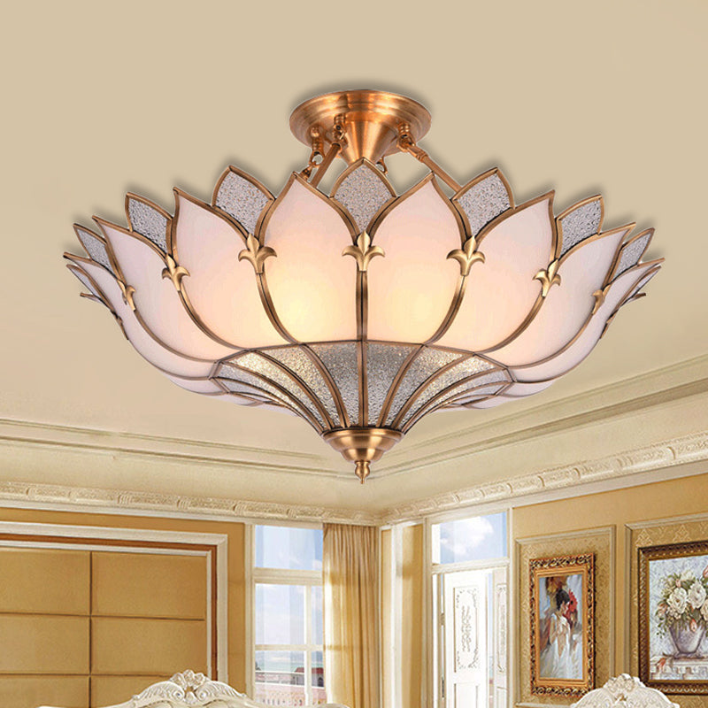 4/6/8 Heads Metal Semi Flush Light Traditionalist Brass Lotus Living Room Ceiling Mount Chandelier, 18"/25"/31.5" W Brass 25" Clearhalo 'Ceiling Lights' 'Close To Ceiling Lights' 'Close to ceiling' 'Semi-flushmount' Lighting' 277269