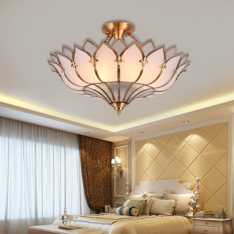 4/6/8 Heads Metal Semi Flush Light Traditionalist Brass Lotus Living Room Ceiling Mount Chandelier, 18"/25"/31.5" W Clearhalo 'Ceiling Lights' 'Close To Ceiling Lights' 'Close to ceiling' 'Semi-flushmount' Lighting' 277271