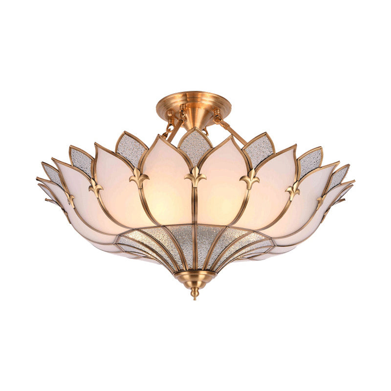 4/6/8 Heads Metal Semi Flush Light Traditionalist Brass Lotus Living Room Ceiling Mount Chandelier, 18"/25"/31.5" W Clearhalo 'Ceiling Lights' 'Close To Ceiling Lights' 'Close to ceiling' 'Semi-flushmount' Lighting' 277272