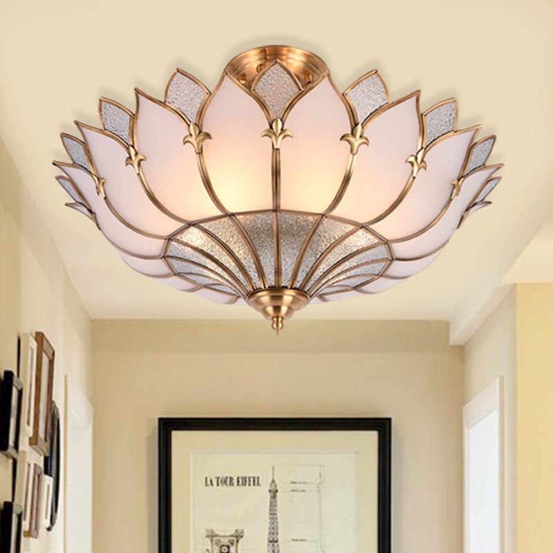 4/6/8 Heads Metal Semi Flush Light Traditionalist Brass Lotus Living Room Ceiling Mount Chandelier, 18"/25"/31.5" W Brass 31.5" Clearhalo 'Ceiling Lights' 'Close To Ceiling Lights' 'Close to ceiling' 'Semi-flushmount' Lighting' 277274