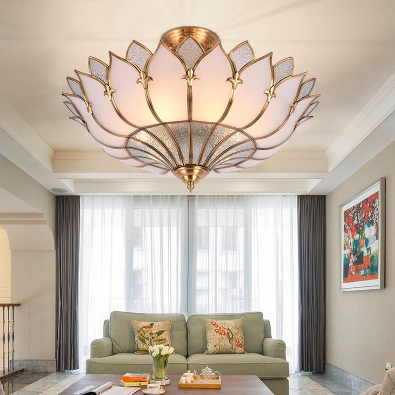 4/6/8 Heads Metal Semi Flush Light Traditionalist Brass Lotus Living Room Ceiling Mount Chandelier, 18"/25"/31.5" W Clearhalo 'Ceiling Lights' 'Close To Ceiling Lights' 'Close to ceiling' 'Semi-flushmount' Lighting' 277275