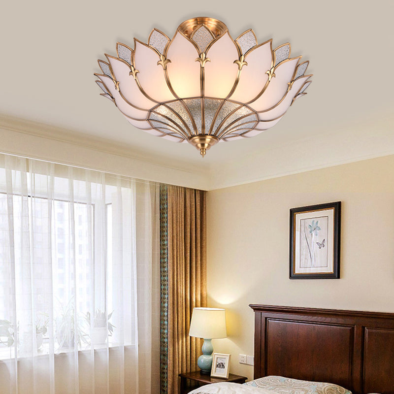 4/6/8 Heads Metal Semi Flush Light Traditionalist Brass Lotus Living Room Ceiling Mount Chandelier, 18"/25"/31.5" W Clearhalo 'Ceiling Lights' 'Close To Ceiling Lights' 'Close to ceiling' 'Semi-flushmount' Lighting' 277276