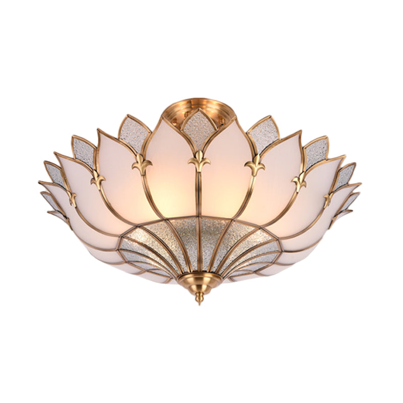 4/6/8 Heads Metal Semi Flush Light Traditionalist Brass Lotus Living Room Ceiling Mount Chandelier, 18"/25"/31.5" W Clearhalo 'Ceiling Lights' 'Close To Ceiling Lights' 'Close to ceiling' 'Semi-flushmount' Lighting' 277277