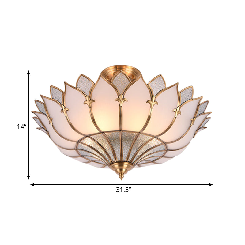 4/6/8 Heads Metal Semi Flush Light Traditionalist Brass Lotus Living Room Ceiling Mount Chandelier, 18"/25"/31.5" W Clearhalo 'Ceiling Lights' 'Close To Ceiling Lights' 'Close to ceiling' 'Semi-flushmount' Lighting' 277278