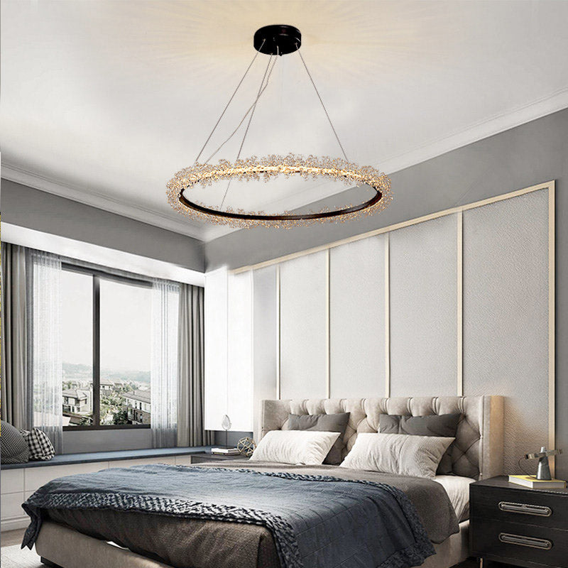 Round Ceiling Chandelier Modernist Cut Crystal 16"/23.5"/31.5" Wide LED Black Hanging Pendant Light in Warm/White Light Clearhalo 'Ceiling Lights' 'Chandeliers' 'Modern Chandeliers' 'Modern' Lighting' 277388