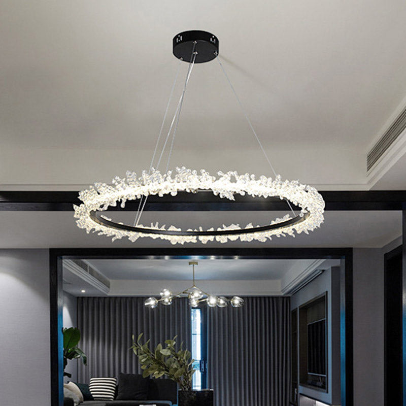 Round Ceiling Chandelier Modernist Cut Crystal 16"/23.5"/31.5" Wide LED Black Hanging Pendant Light in Warm/White Light Black White Clearhalo 'Ceiling Lights' 'Chandeliers' 'Modern Chandeliers' 'Modern' Lighting' 277389