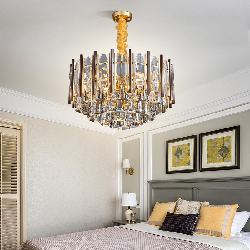 Cylinder Pendant Chandelier Contemporary Crystal 6/9 Heads Black Ceiling Hanging Light, 19.5"/23.5" Wide Clearhalo 'Ceiling Lights' 'Chandeliers' Lighting' options 277503