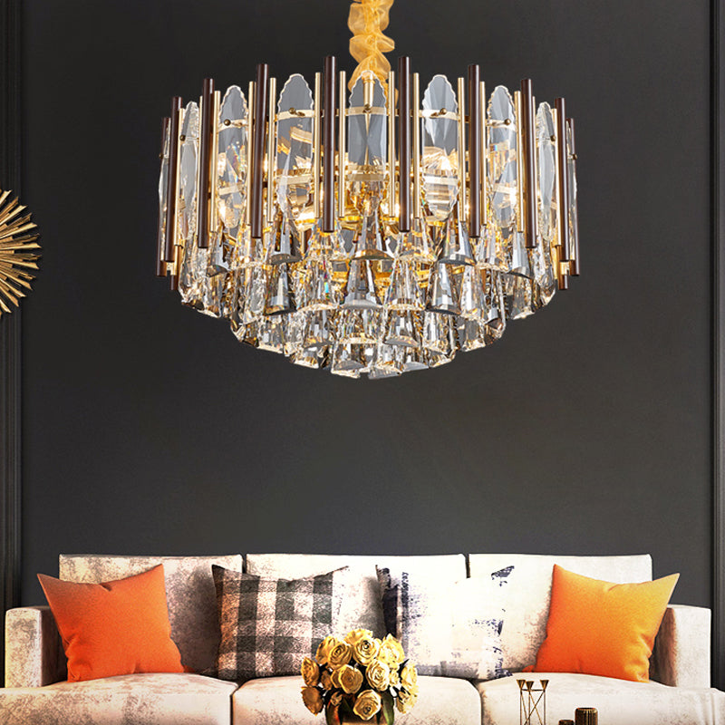 Cylinder Pendant Chandelier Contemporary Crystal 6/9 Heads Black Ceiling Hanging Light, 19.5"/23.5" Wide Clearhalo 'Ceiling Lights' 'Chandeliers' Lighting' options 277504