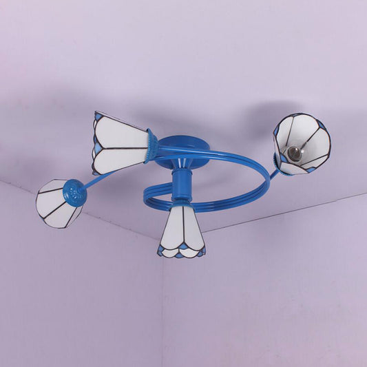 Cone Semi Flush Light Tiffany Traditional Stained Glass 4/6 Lights Semi Flushmount in White/Blue for Bedroom Clearhalo 'Ceiling Lights' 'Close To Ceiling Lights' 'Close to ceiling' 'Glass shade' 'Glass' 'Semi-flushmount' 'Tiffany close to ceiling' 'Tiffany' Lighting' 27755