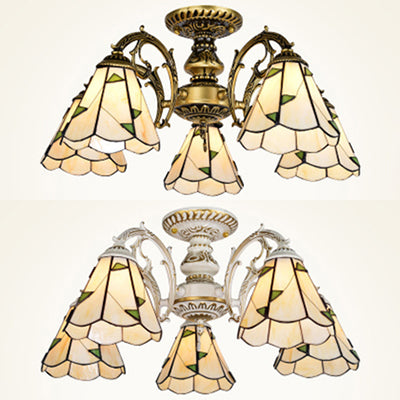 Conical Semi Flush Light Vintage Lodge Stained Glass 3/5 Heads Flush Ceiling Light in White/Antique Brass for Foyer Clearhalo 'Ceiling Lights' 'Close To Ceiling Lights' 'Close to ceiling' 'Glass shade' 'Glass' 'Semi-flushmount' 'Tiffany close to ceiling' 'Tiffany' Lighting' 27761