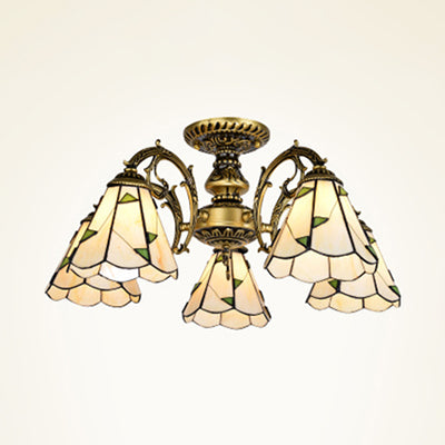 Conical Semi Flush Light Vintage Lodge Stained Glass 3/5 Heads Flush Ceiling Light in White/Antique Brass for Foyer 5 Antique Brass Clearhalo 'Ceiling Lights' 'Close To Ceiling Lights' 'Close to ceiling' 'Glass shade' 'Glass' 'Semi-flushmount' 'Tiffany close to ceiling' 'Tiffany' Lighting' 27762