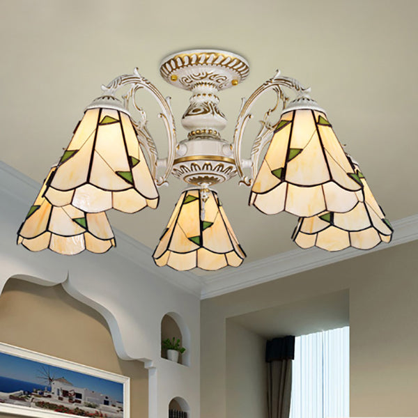 Conical Semi Flush Light Vintage Lodge Stained Glass 3/5 Heads Flush Ceiling Light in White/Antique Brass for Foyer 5 White Clearhalo 'Ceiling Lights' 'Close To Ceiling Lights' 'Close to ceiling' 'Glass shade' 'Glass' 'Semi-flushmount' 'Tiffany close to ceiling' 'Tiffany' Lighting' 27764