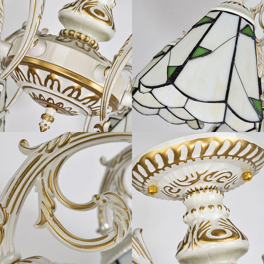 Conical Semi Flush Light Vintage Lodge Stained Glass 3/5 Heads Flush Ceiling Light in White/Antique Brass for Foyer Clearhalo 'Ceiling Lights' 'Close To Ceiling Lights' 'Close to ceiling' 'Glass shade' 'Glass' 'Semi-flushmount' 'Tiffany close to ceiling' 'Tiffany' Lighting' 27765