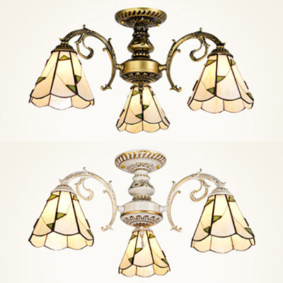 Conical Semi Flush Light Vintage Lodge Stained Glass 3/5 Heads Flush Ceiling Light in White/Antique Brass for Foyer Clearhalo 'Ceiling Lights' 'Close To Ceiling Lights' 'Close to ceiling' 'Glass shade' 'Glass' 'Semi-flushmount' 'Tiffany close to ceiling' 'Tiffany' Lighting' 27766