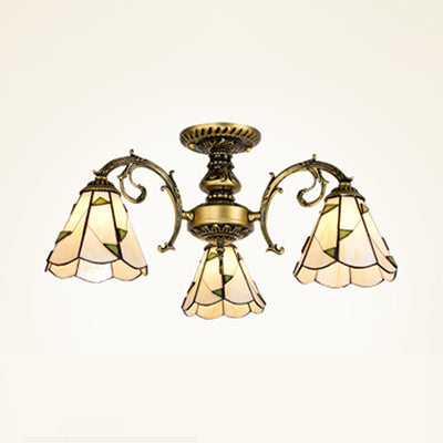 Conical Semi Flush Light Vintage Lodge Stained Glass 3/5 Heads Flush Ceiling Light in White/Antique Brass for Foyer Clearhalo 'Ceiling Lights' 'Close To Ceiling Lights' 'Close to ceiling' 'Glass shade' 'Glass' 'Semi-flushmount' 'Tiffany close to ceiling' 'Tiffany' Lighting' 27767